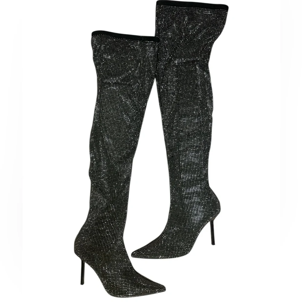 AQUA Black Rhinestone Over-the-Knee Thigh high Boots 8